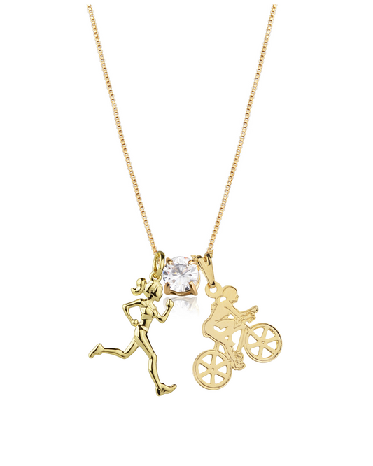 Colar Banhado a Ouro Ponto de Luz com Pingente de Corredora e Ciclista - Paixão pelo Esporte! Pra Ter Estilo